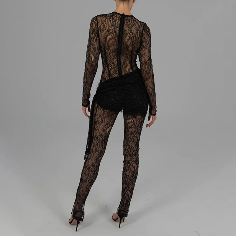 Sexy and fashionable hollow lace see-through long-sleeved patchwork slim jumpsuit