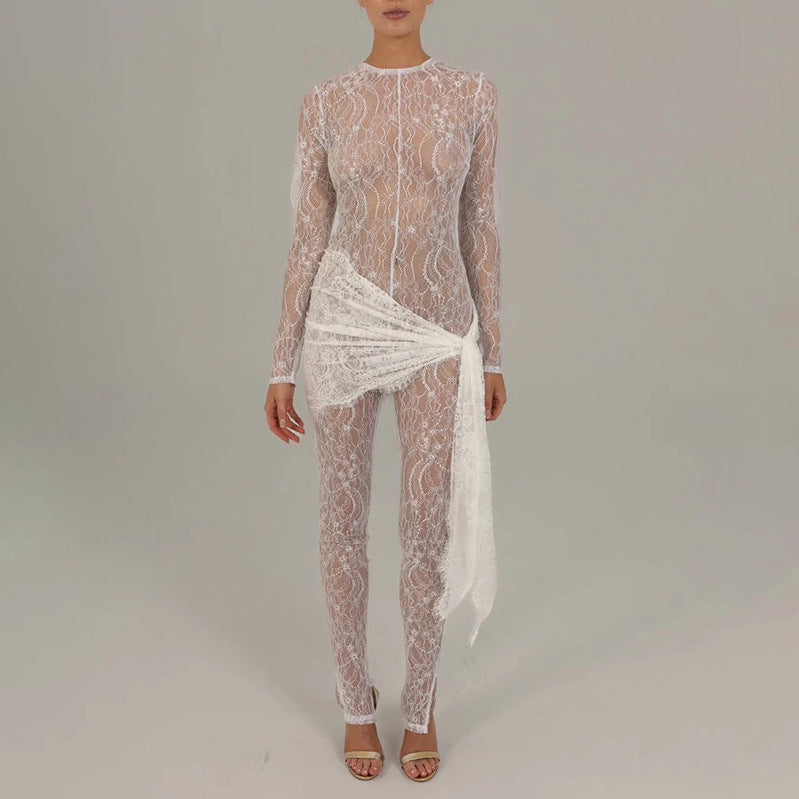 Sexy and fashionable hollow lace see-through long-sleeved patchwork slim jumpsuit