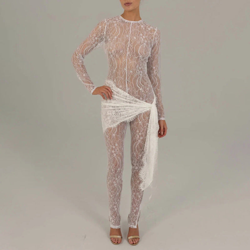 Sexy and fashionable hollow lace see-through long-sleeved patchwork slim jumpsuit