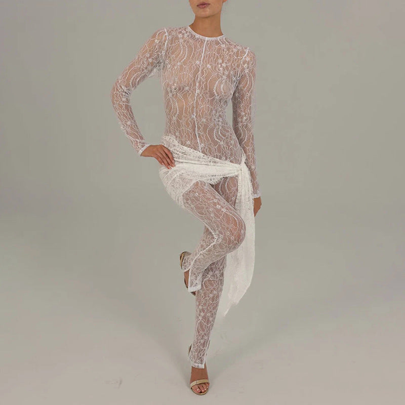 Sexy and fashionable hollow lace see-through long-sleeved patchwork slim jumpsuit