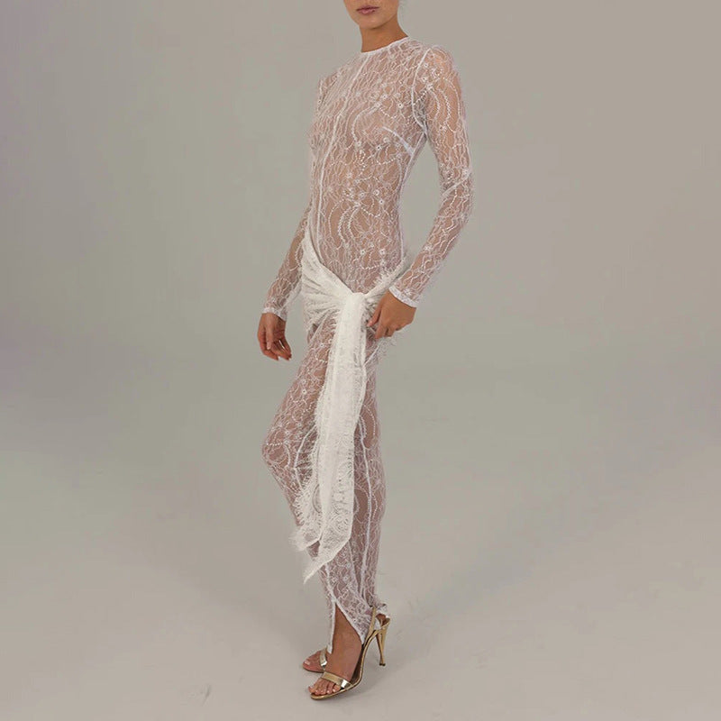 Sexy and fashionable hollow lace see-through long-sleeved patchwork slim jumpsuit