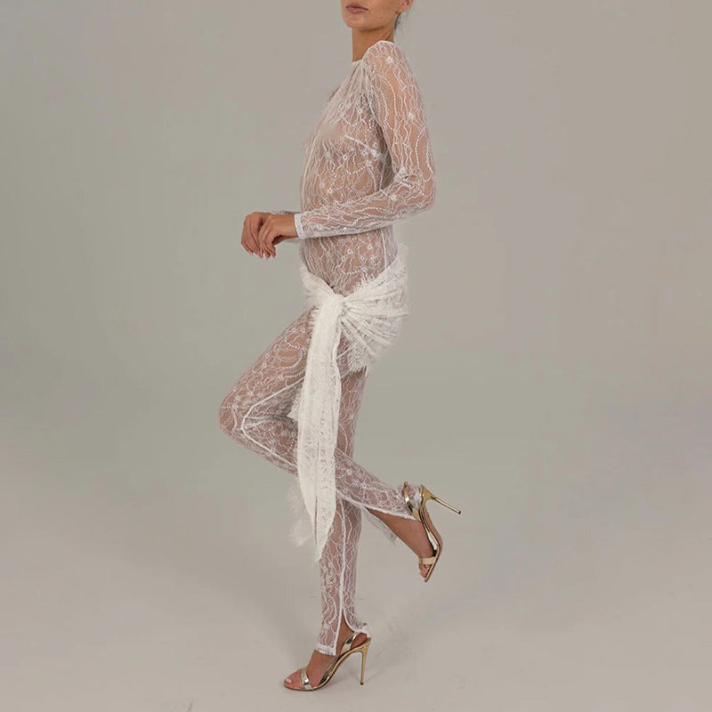 Sexy and fashionable hollow lace see-through long-sleeved patchwork slim jumpsuit
