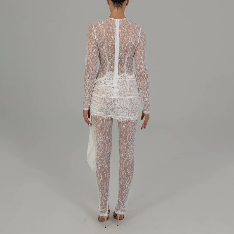 Sexy and fashionable hollow lace see-through long-sleeved patchwork slim jumpsuit