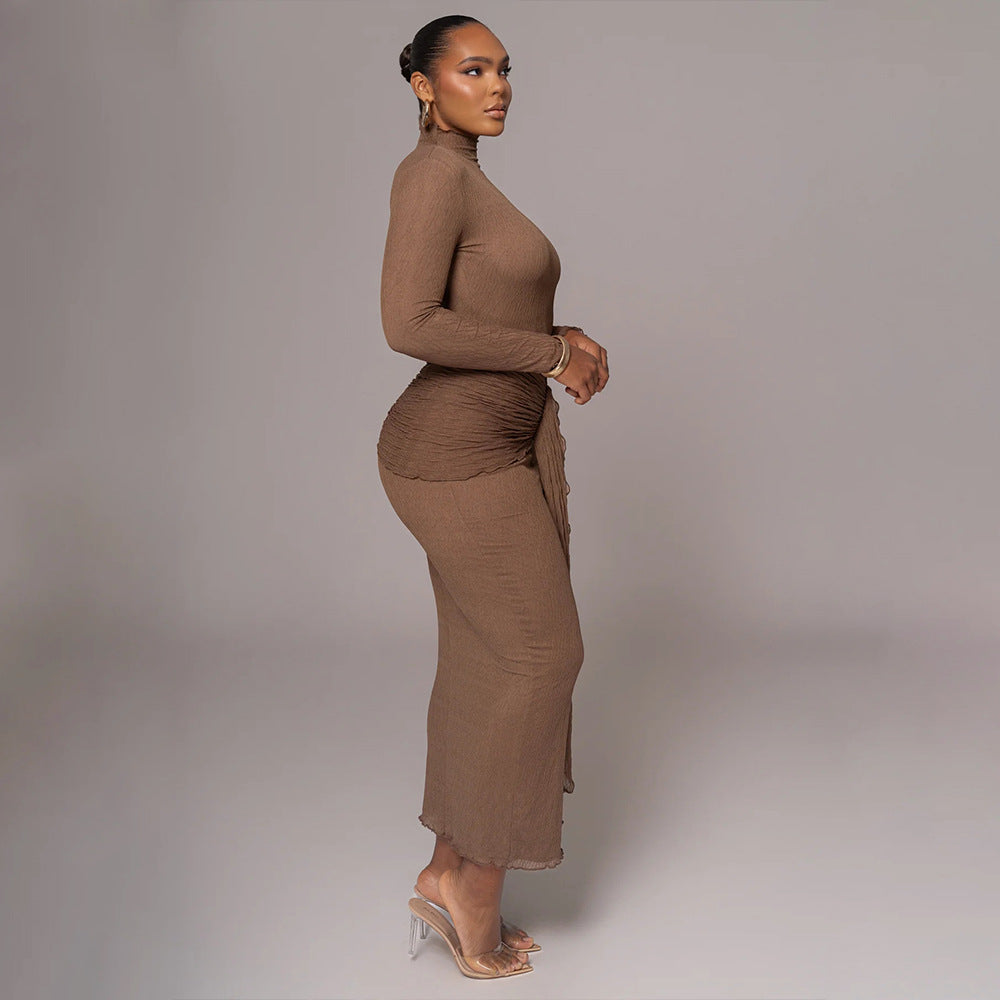 Long-sleeved bow dress, fashionable and sexy pleated slim dress