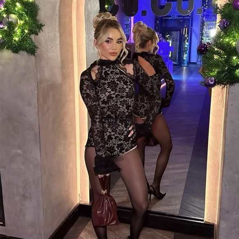 Sexy lace turtleneck short-sleeved slim-fitting jumpsuit with three-quarter sleeves