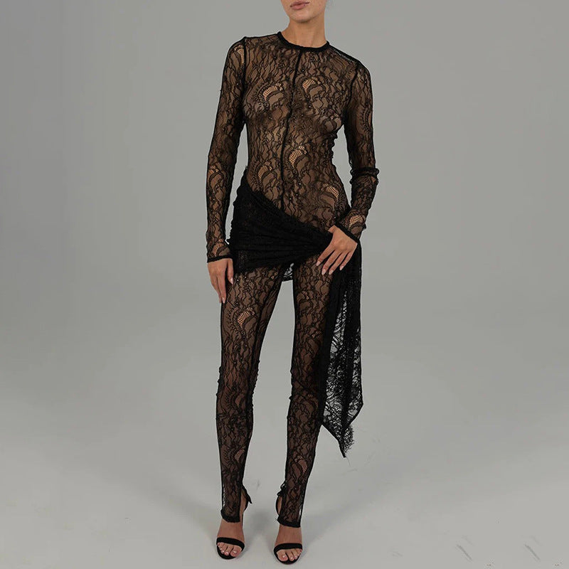 Sexy and fashionable hollow lace see-through long-sleeved patchwork slim jumpsuit