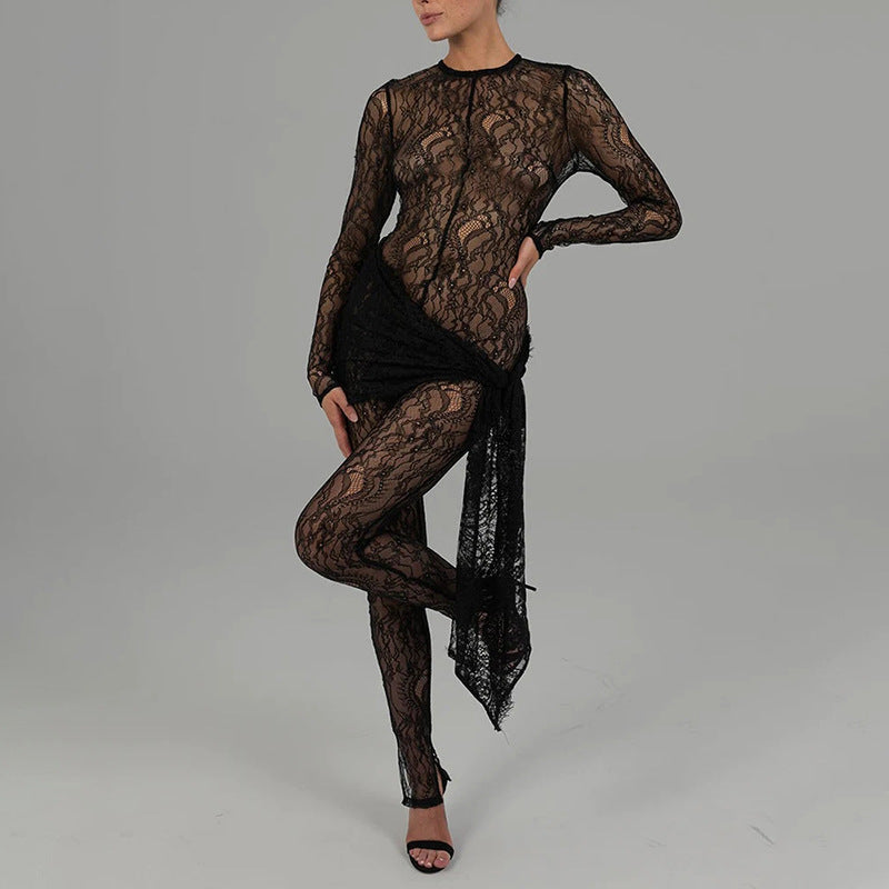 Sexy and fashionable hollow lace see-through long-sleeved patchwork slim jumpsuit