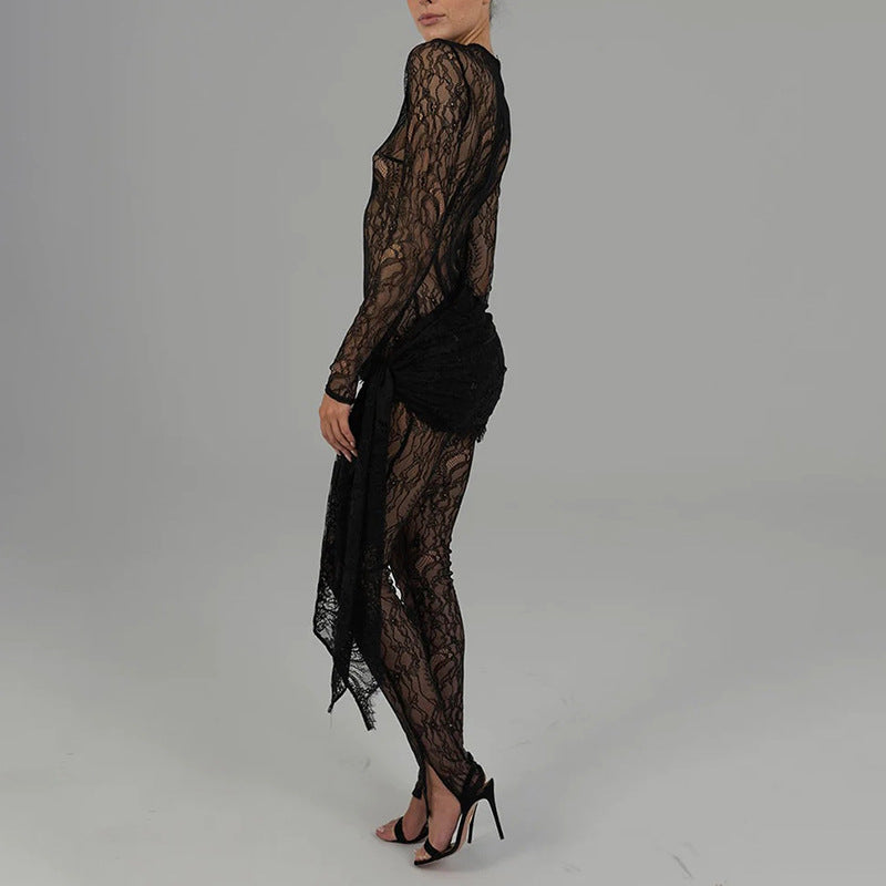 Sexy and fashionable hollow lace see-through long-sleeved patchwork slim jumpsuit