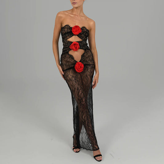 Sexy and fashionable lace splicing flower tube top hollow see-through hip skirt