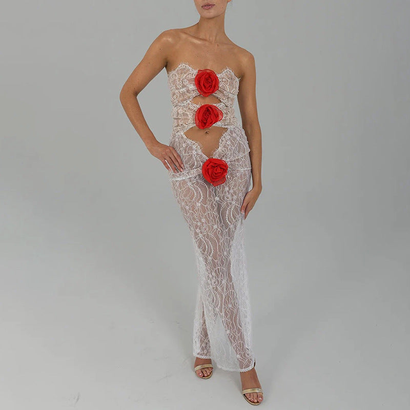 Sexy and fashionable lace splicing flower tube top hollow see-through hip skirt
