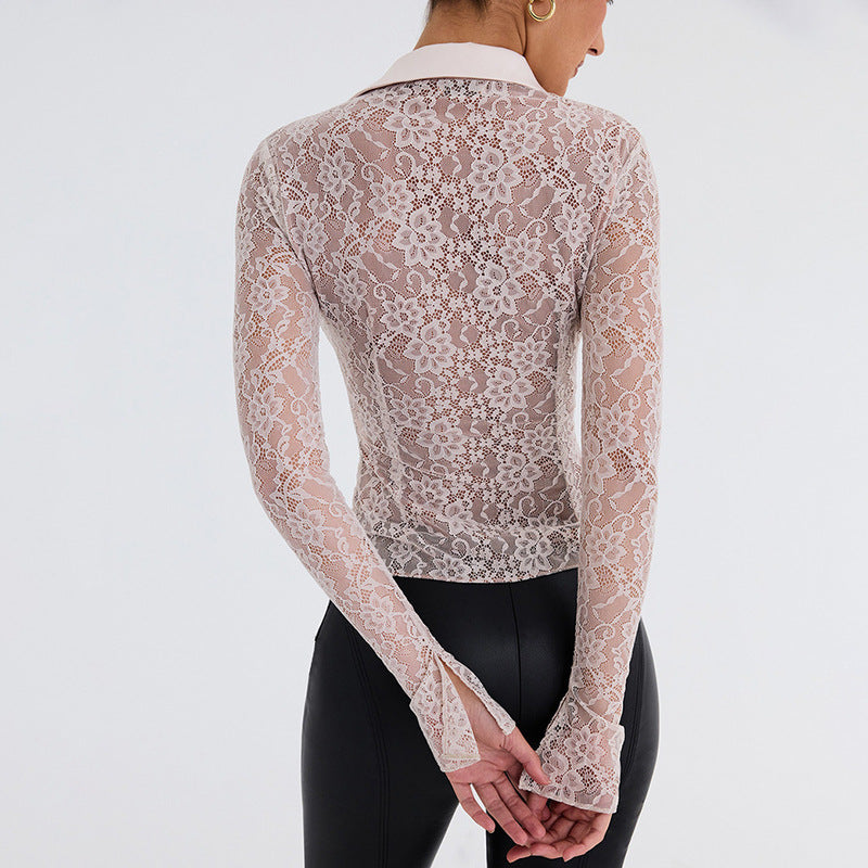 Women's POLO collar cardigan lace stitching trumpet sleeve T-shirt