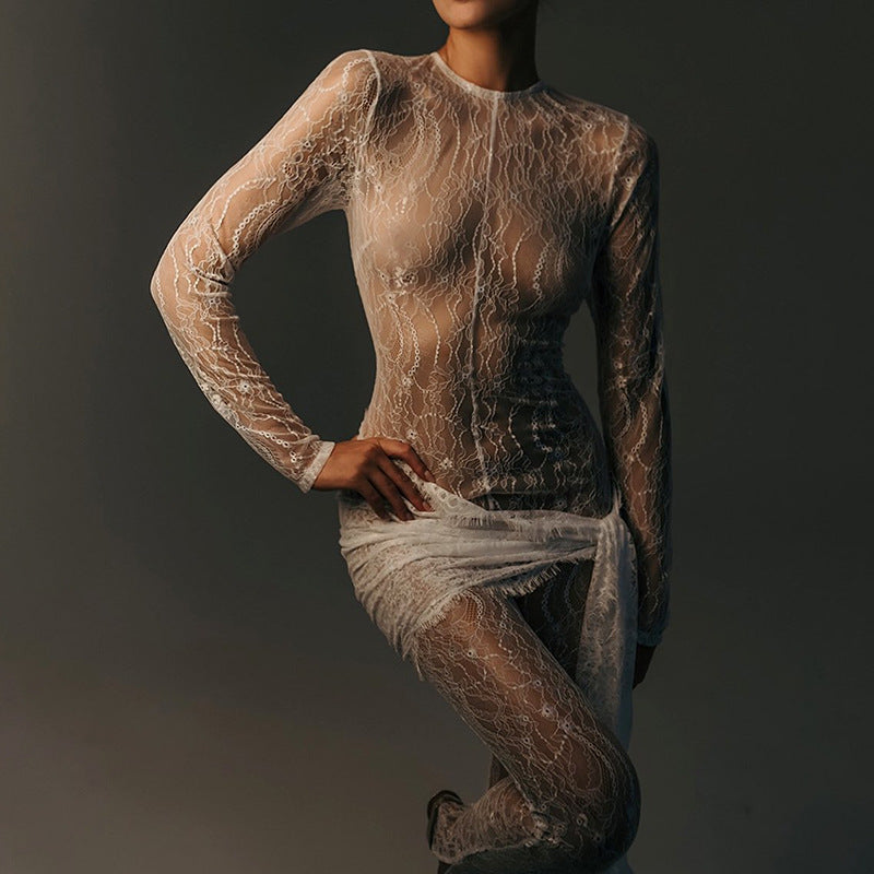 Sexy and fashionable hollow lace see-through long-sleeved patchwork slim jumpsuit