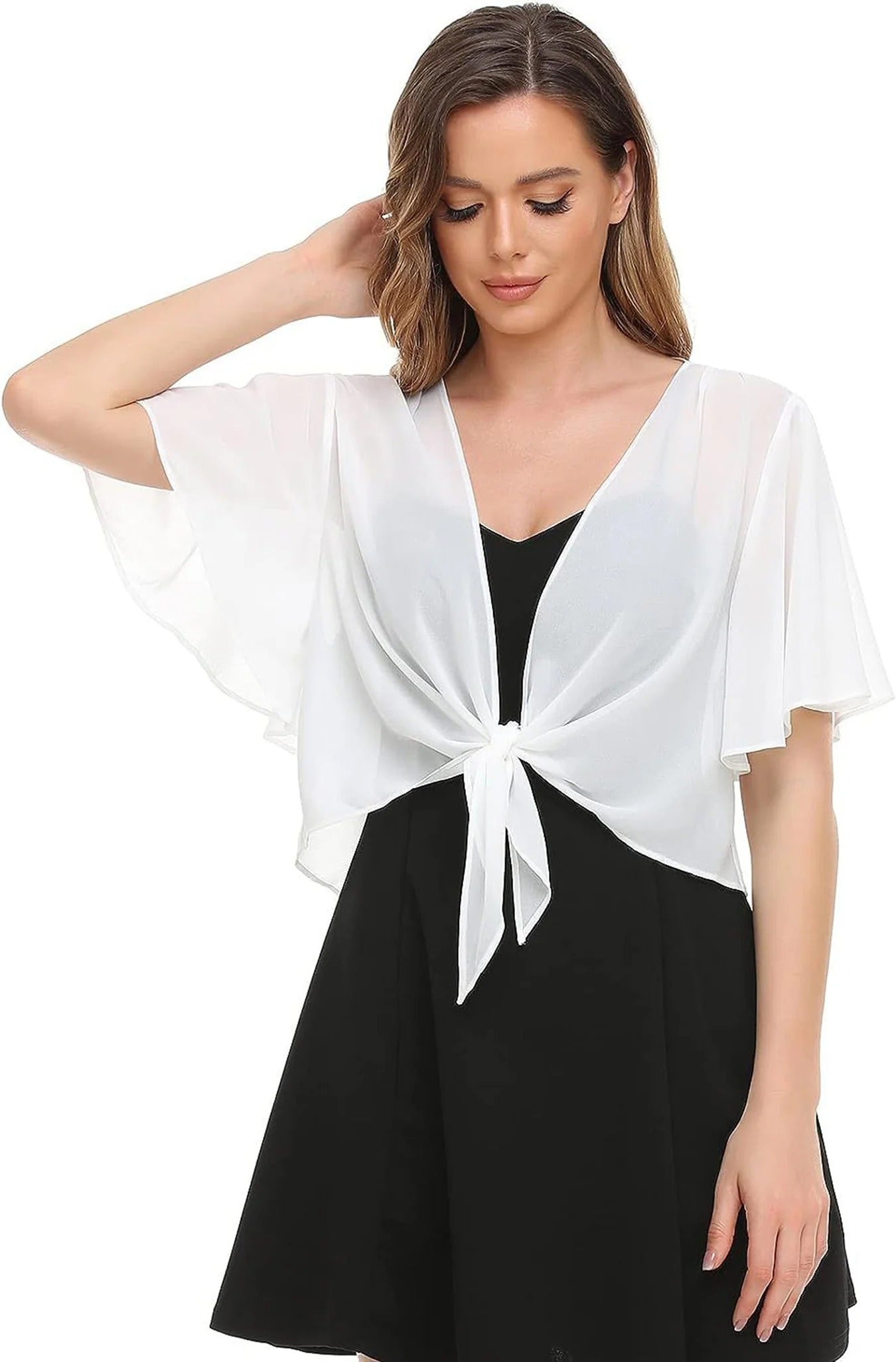 new women's blouse solid color short-sleeved cardigan thin chiffon cape tied and tied cape