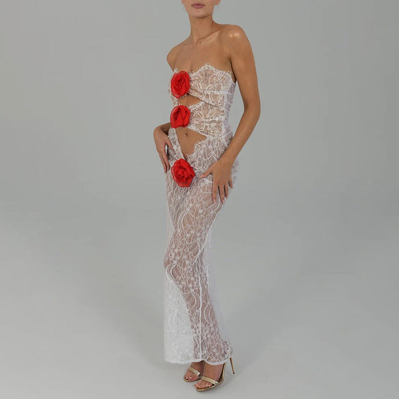 Sexy and fashionable lace splicing flower tube top hollow see-through hip skirt
