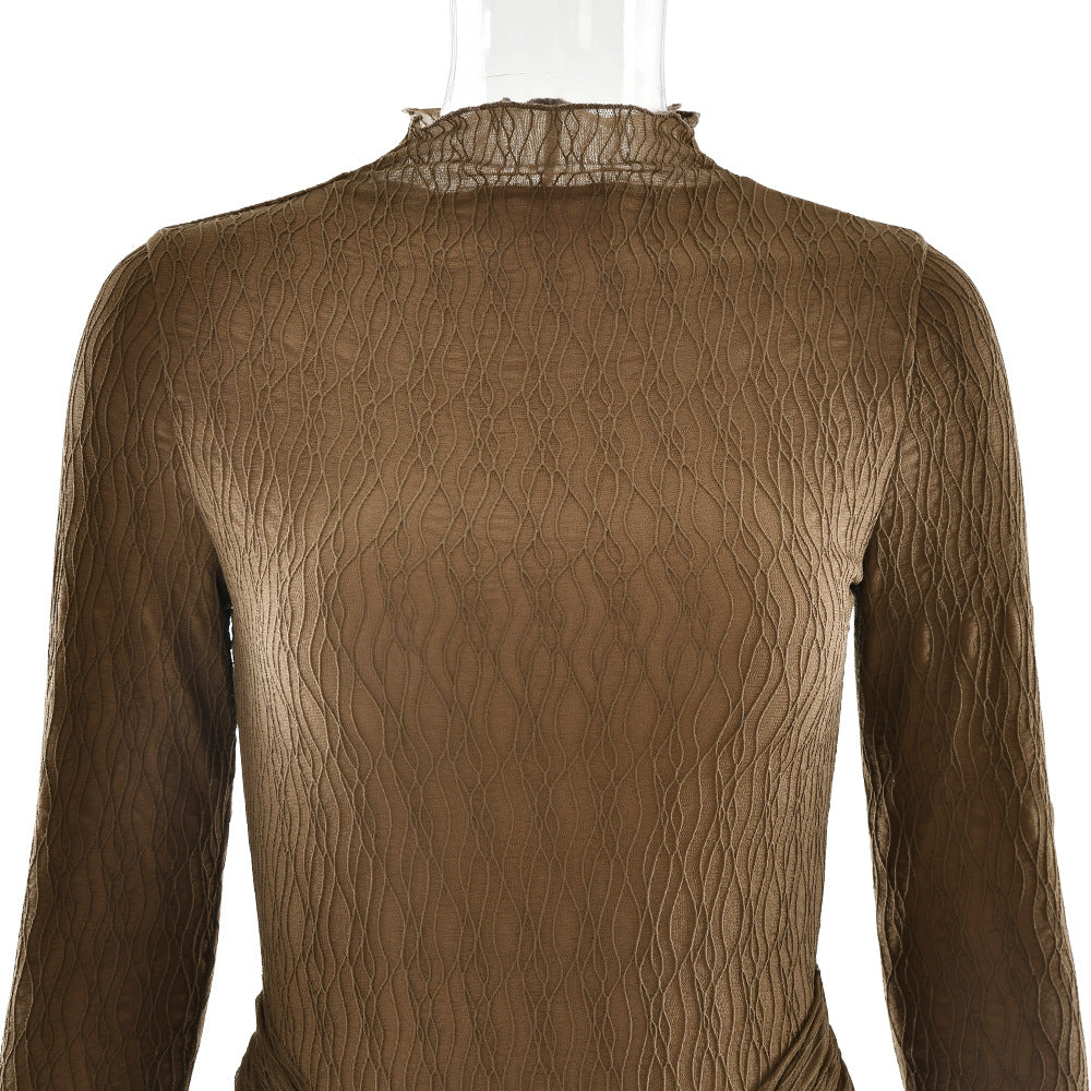 Long-sleeved bow dress, fashionable and sexy pleated slim dress