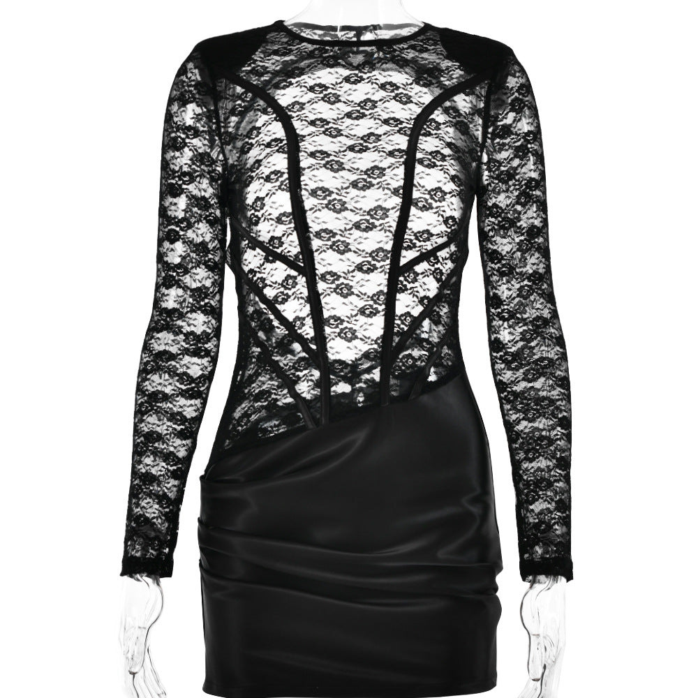 Lace patchwork round neck long sleeve dress, sexy see-through hip skirt for women