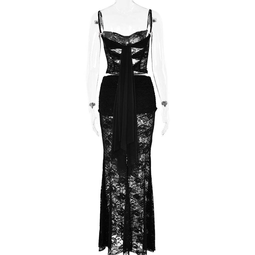 Sexy and fashionable slim two-piece lace see-through suspender skirt suit