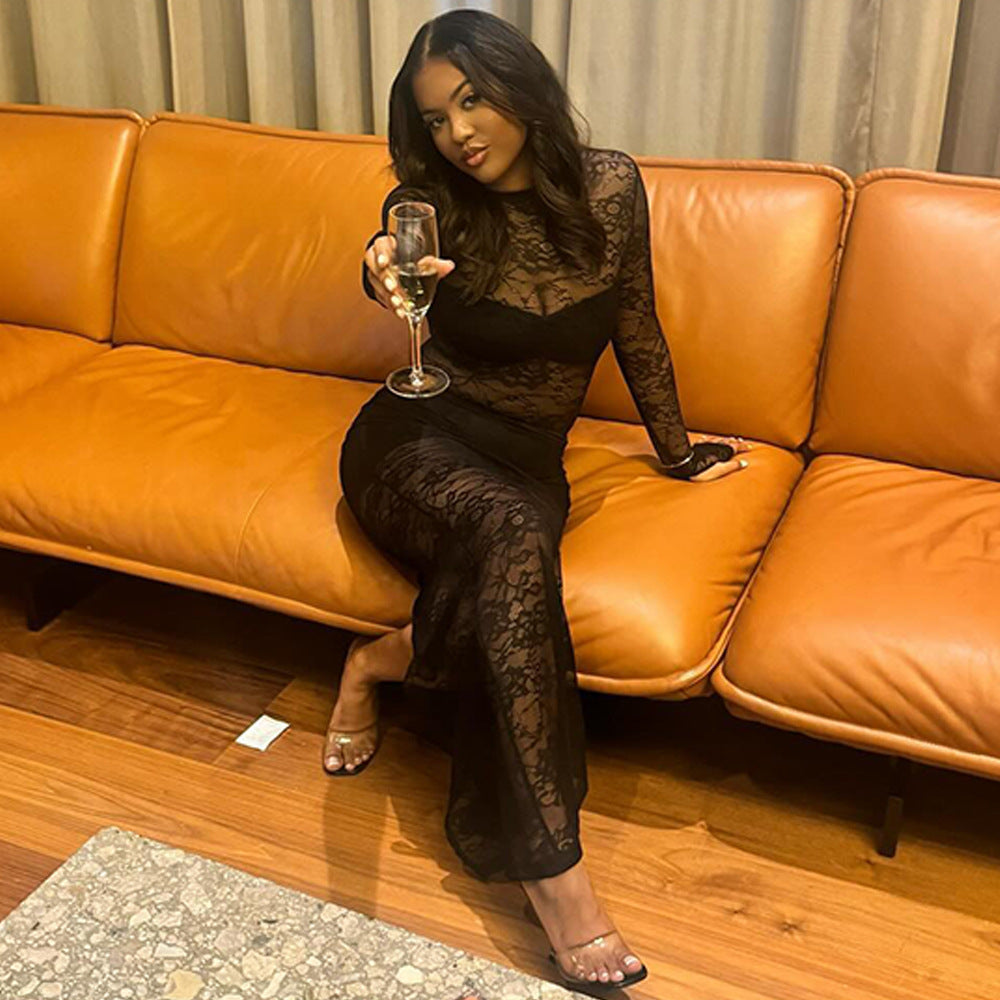 Sexy two-piece round-neck lace see-through stitching tight jumpsuit slit long skirt suit