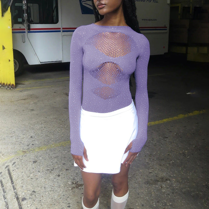 Sexy hot girl high elastic knitted see-through long sleeve hollow hot diamond jumpsuit