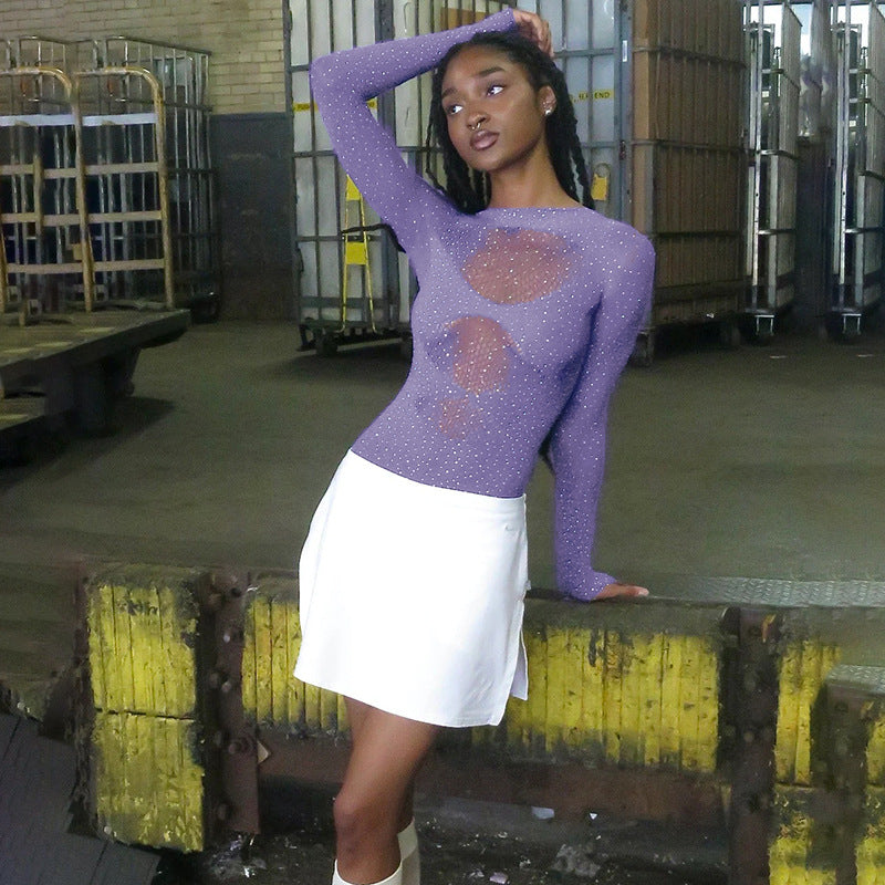 Sexy hot girl high elastic knitted see-through long sleeve hollow hot diamond jumpsuit