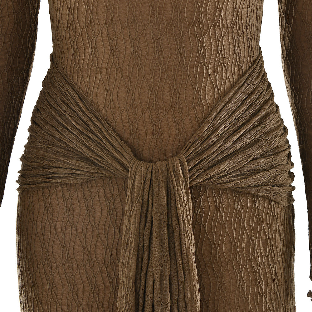 Long-sleeved bow dress, fashionable and sexy pleated slim dress
