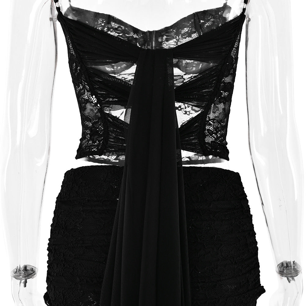 Sexy and fashionable slim two-piece lace see-through suspender skirt suit