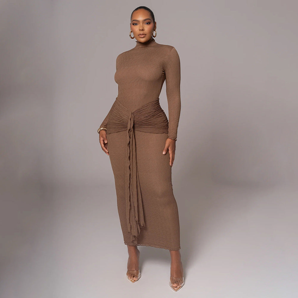 Long-sleeved bow dress, fashionable and sexy pleated slim dress