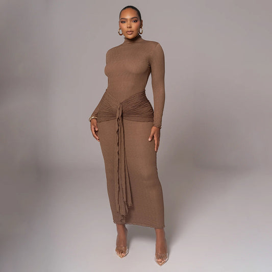 Long-sleeved bow dress, fashionable and sexy pleated slim dress
