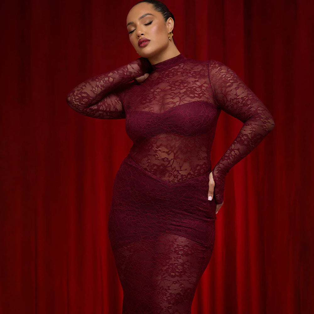 Sexy two-piece round-neck lace see-through stitching tight jumpsuit slit long skirt suit