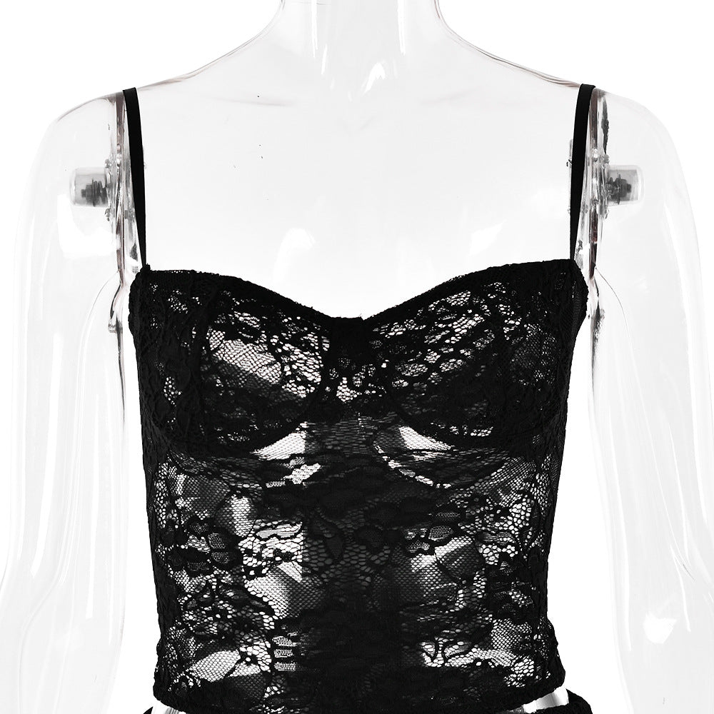 Sexy and fashionable slim two-piece lace see-through suspender skirt suit