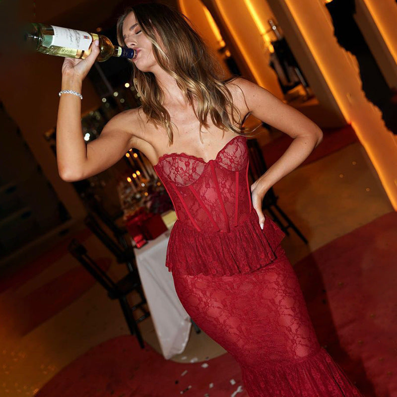Lace solid color see-through tube top fishtail skirt sexy tight hot girl one shoulder long skirt