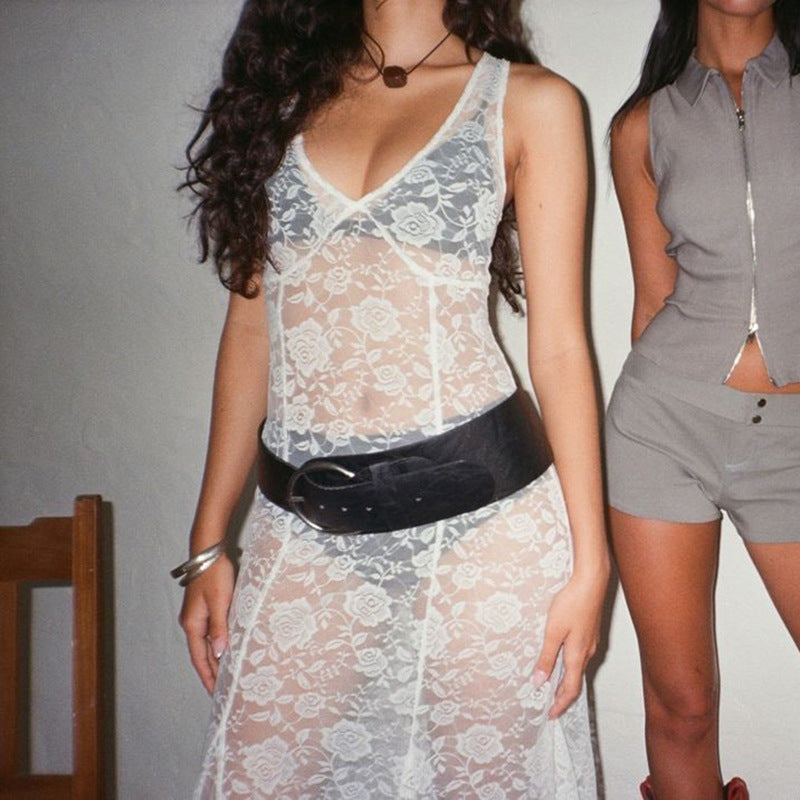 Sexy and fashionable V-neck see-through lace stitching long dress