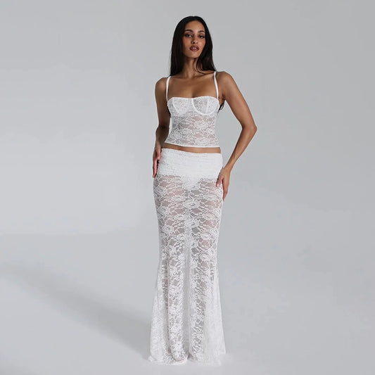 Sexy and fashionable slim two-piece lace see-through suspender skirt suit