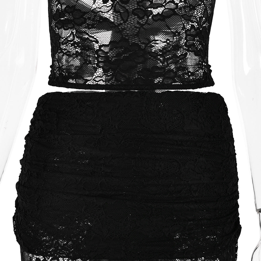 Sexy and fashionable slim two-piece lace see-through suspender skirt suit