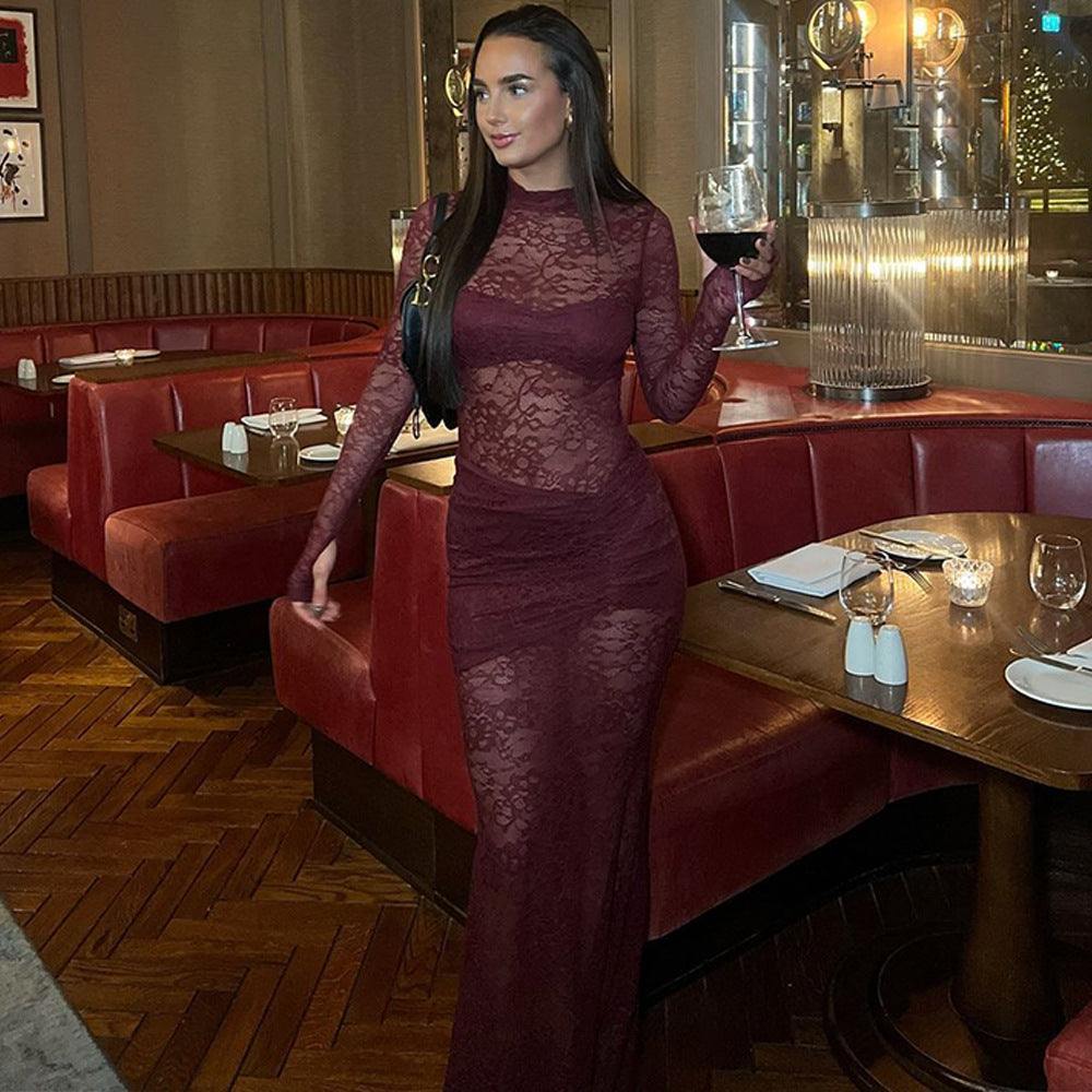 Sexy two-piece round-neck lace see-through stitching tight jumpsuit slit long skirt suit