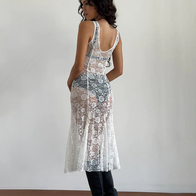 Sexy and fashionable V-neck see-through lace stitching long dress