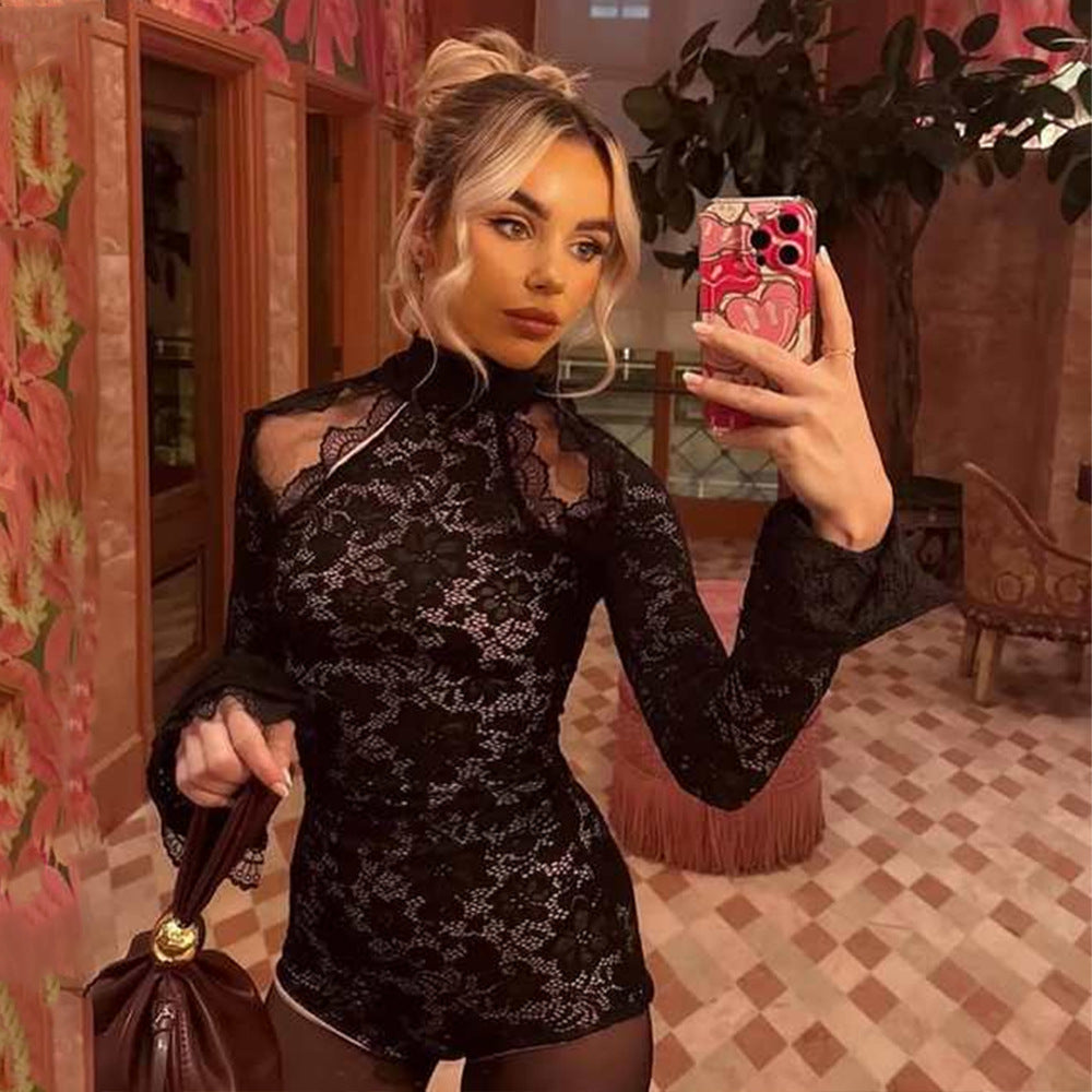 Sexy lace turtleneck short-sleeved slim-fitting jumpsuit with three-quarter sleeves