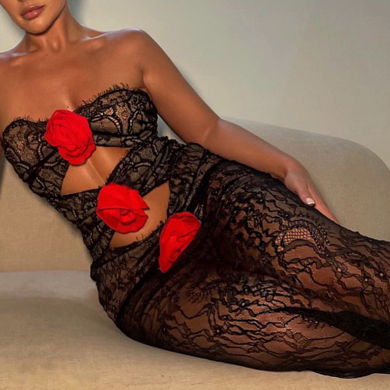 Sexy and fashionable lace splicing flower tube top hollow see-through hip skirt