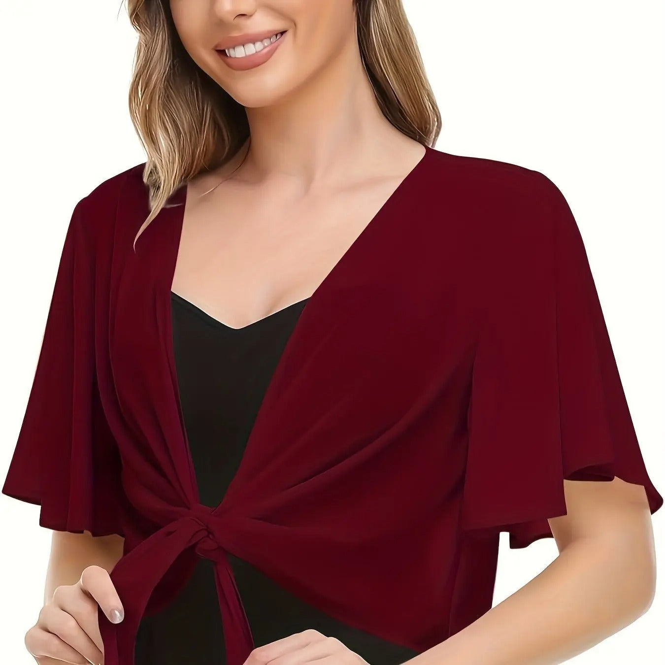 new women's blouse solid color short-sleeved cardigan thin chiffon cape tied and tied cape