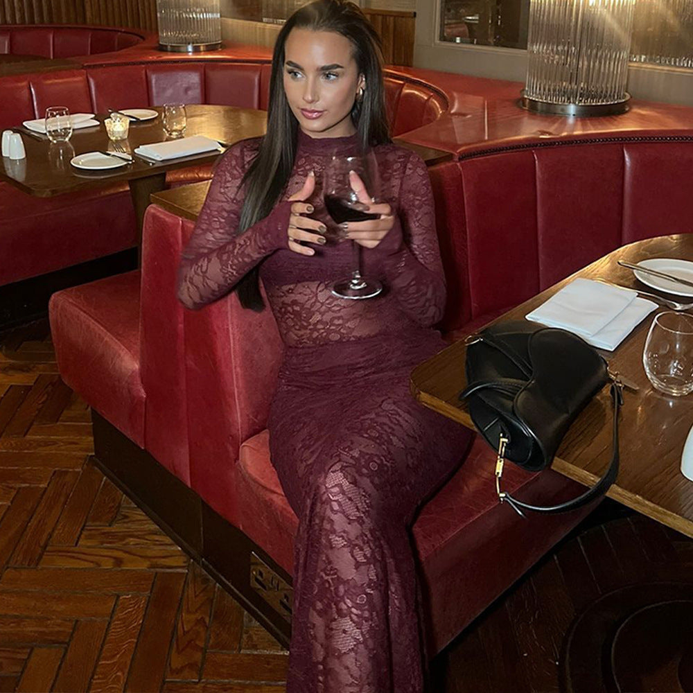 Sexy two-piece round-neck lace see-through stitching tight jumpsuit slit long skirt suit