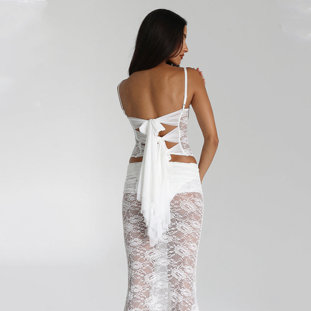 Sexy and fashionable slim two-piece lace see-through suspender skirt suit