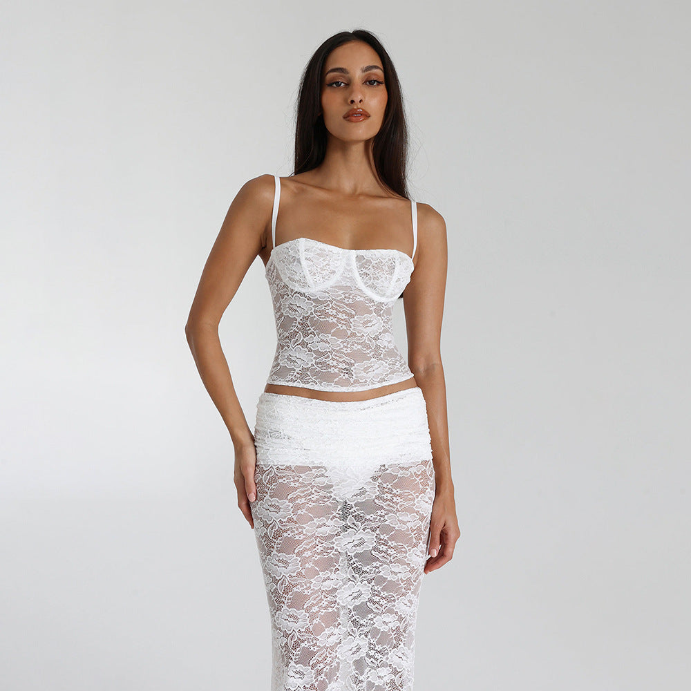 Sexy and fashionable slim two-piece lace see-through suspender skirt suit