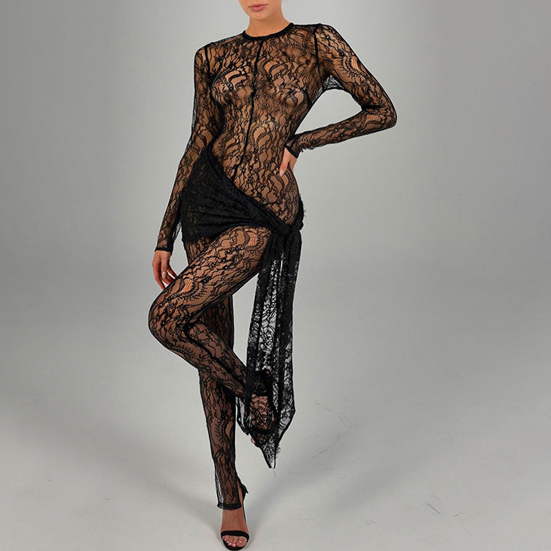 Sexy and fashionable hollow lace see-through long-sleeved patchwork slim jumpsuit