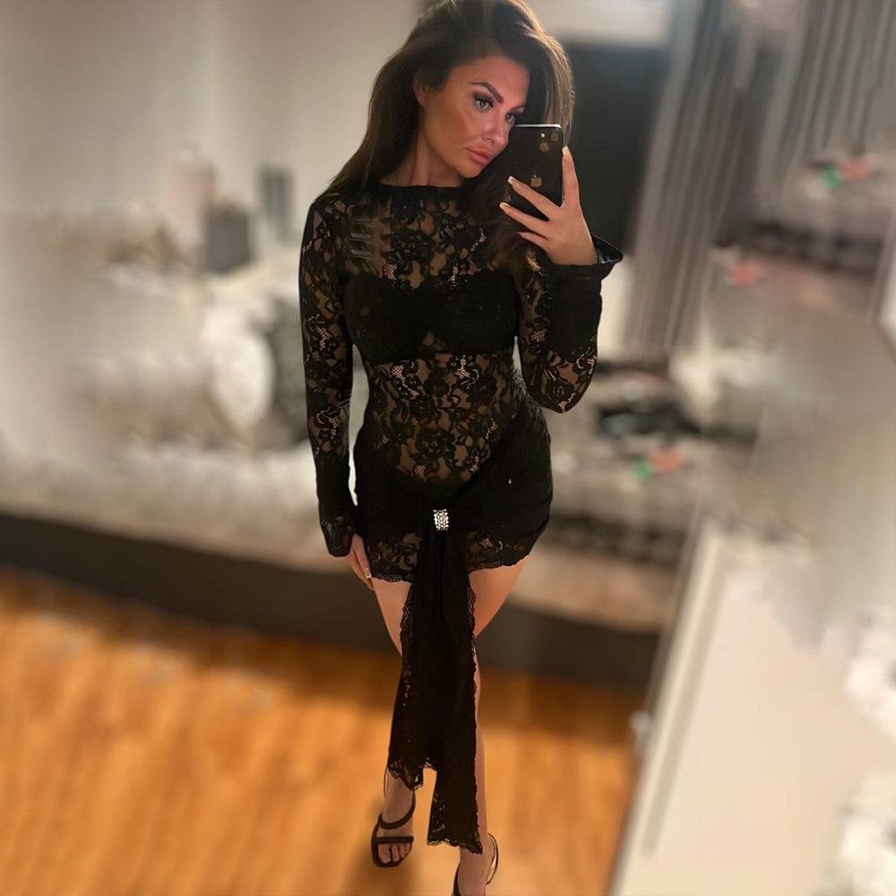 Sexy slim lace women's long-sleeved see-through hot girl tight gathered hip skirt