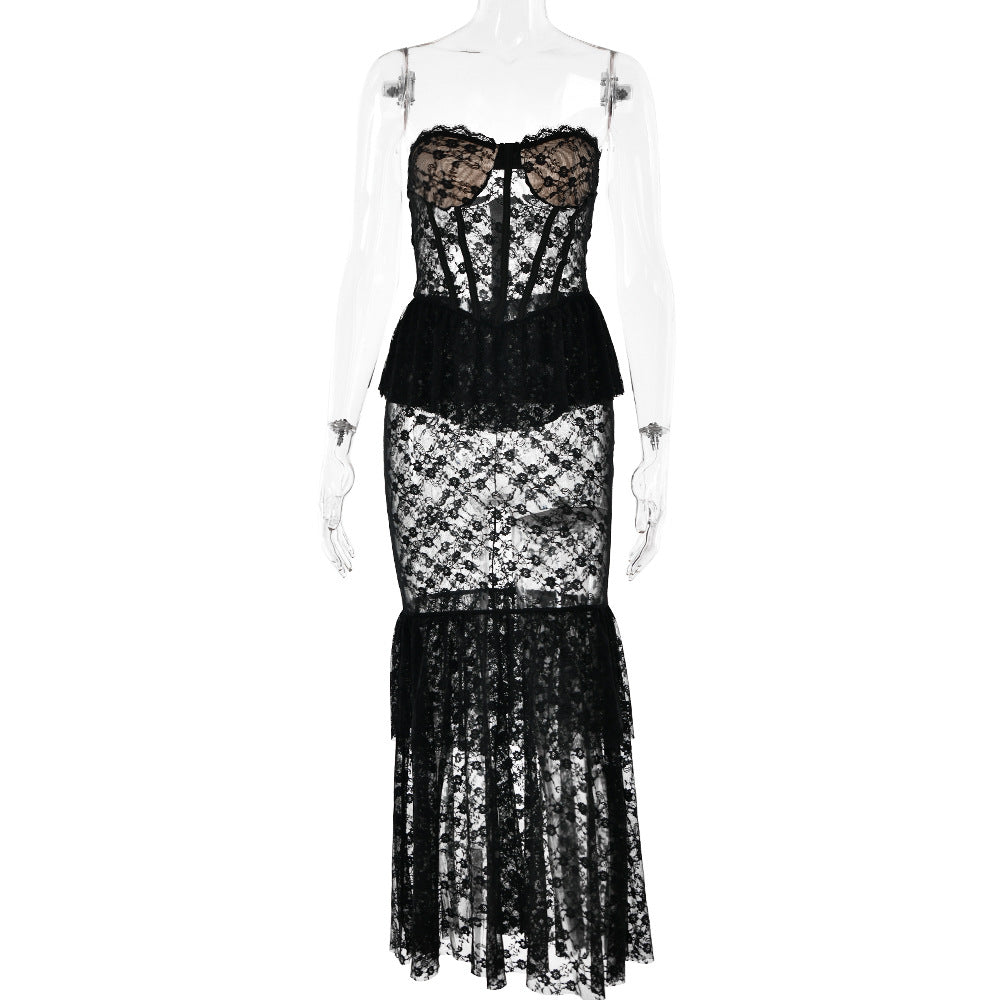 Lace solid color see-through tube top fishtail skirt sexy tight hot girl one shoulder long skirt