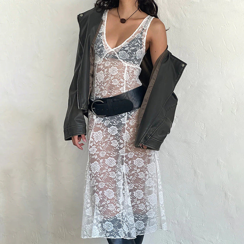 Sexy and fashionable V-neck see-through lace stitching long dress