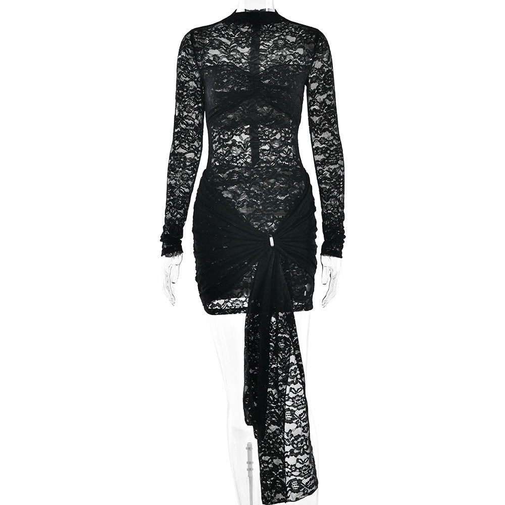 Sexy slim lace women's long-sleeved see-through hot girl tight gathered hip skirt