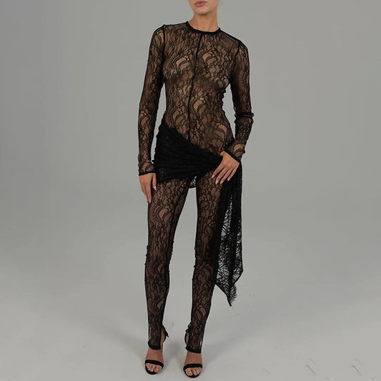 Sexy and fashionable hollow lace see-through long-sleeved patchwork slim jumpsuit