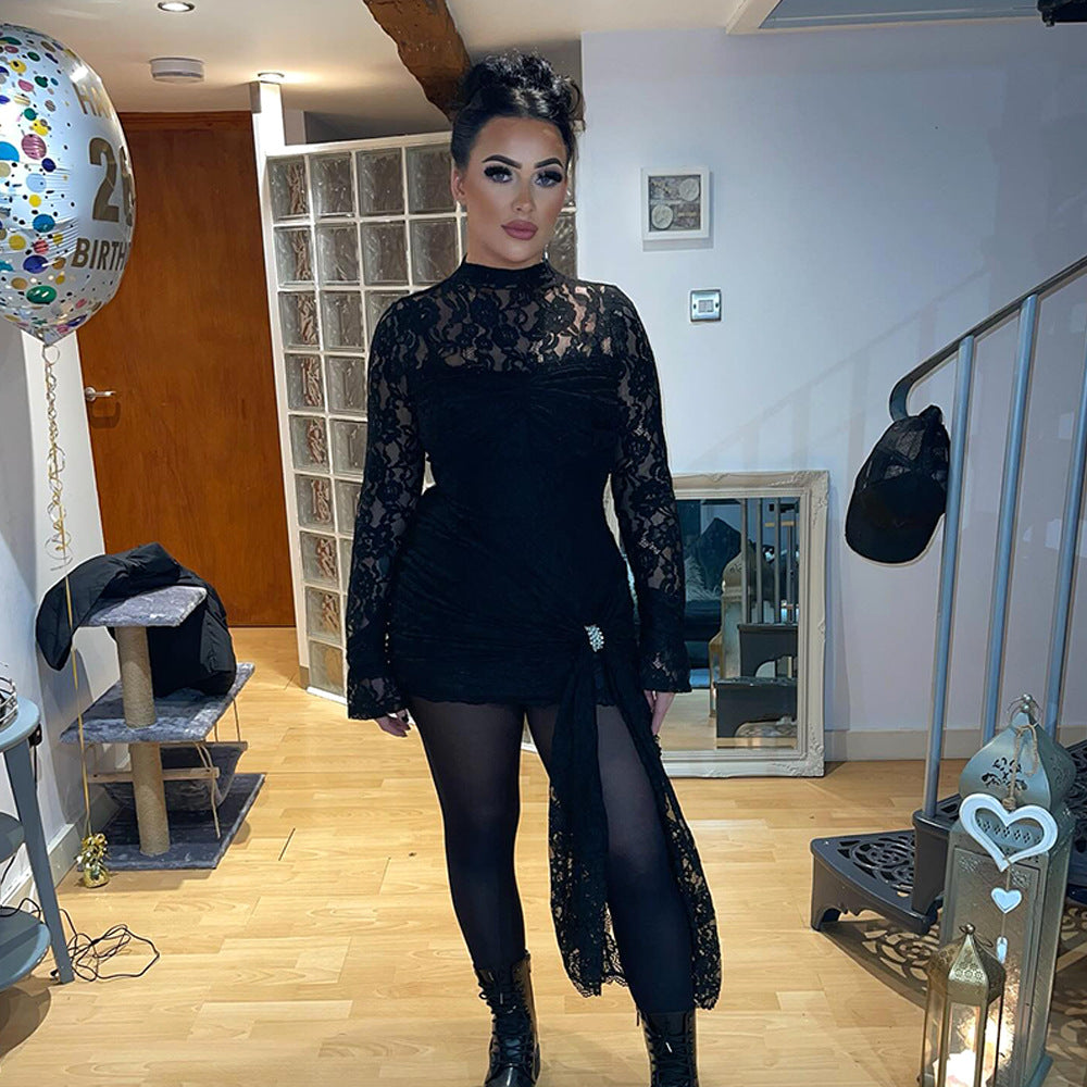 Sexy slim lace women's long-sleeved see-through hot girl tight gathered hip skirt