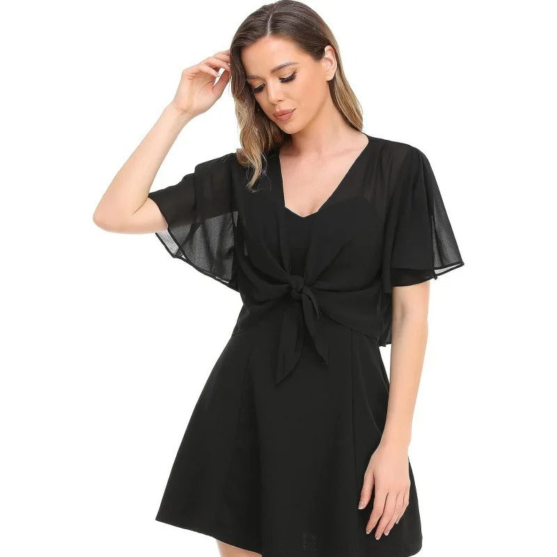 new women's blouse solid color short-sleeved cardigan thin chiffon cape tied and tied cape